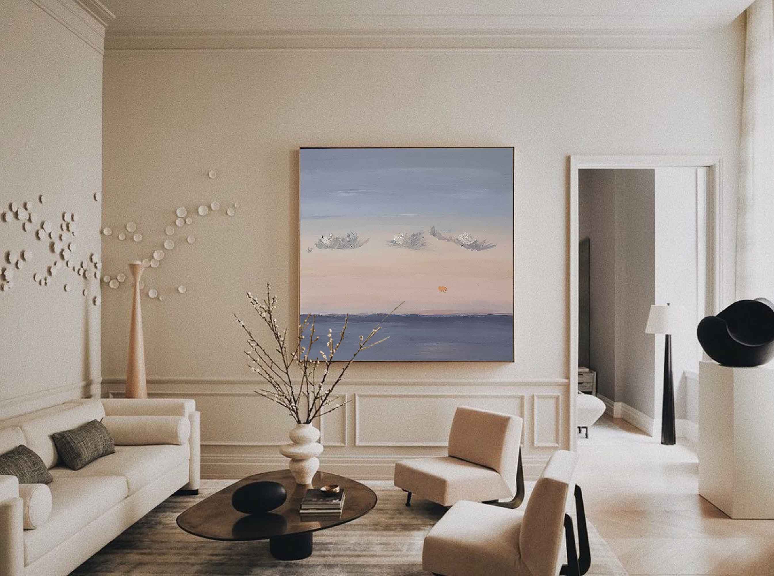 Wallart Calm Horizon Sunset Painting – Dreamy Sky and Sea Wall Art