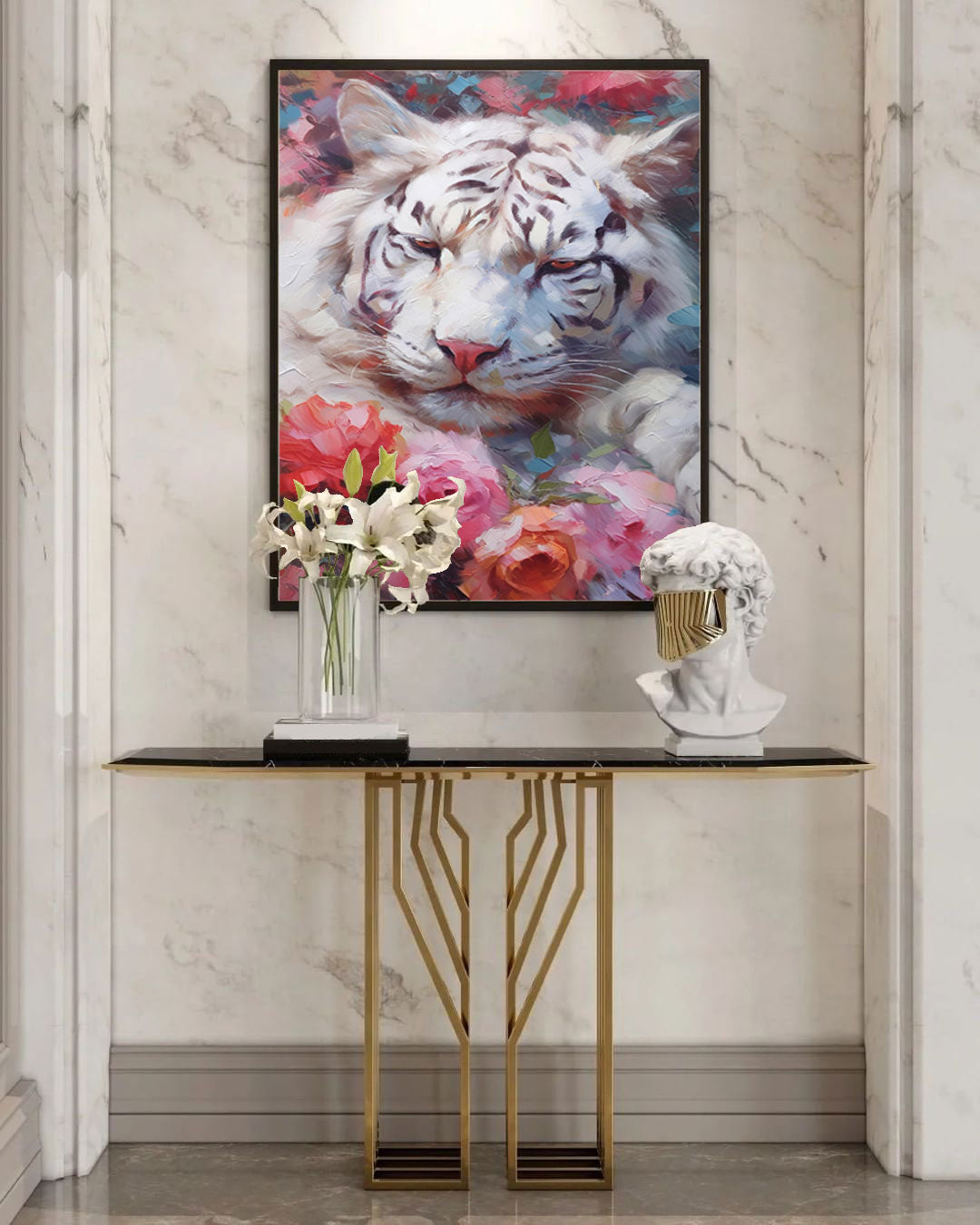 Wallart White Tiger in Blooming Roses