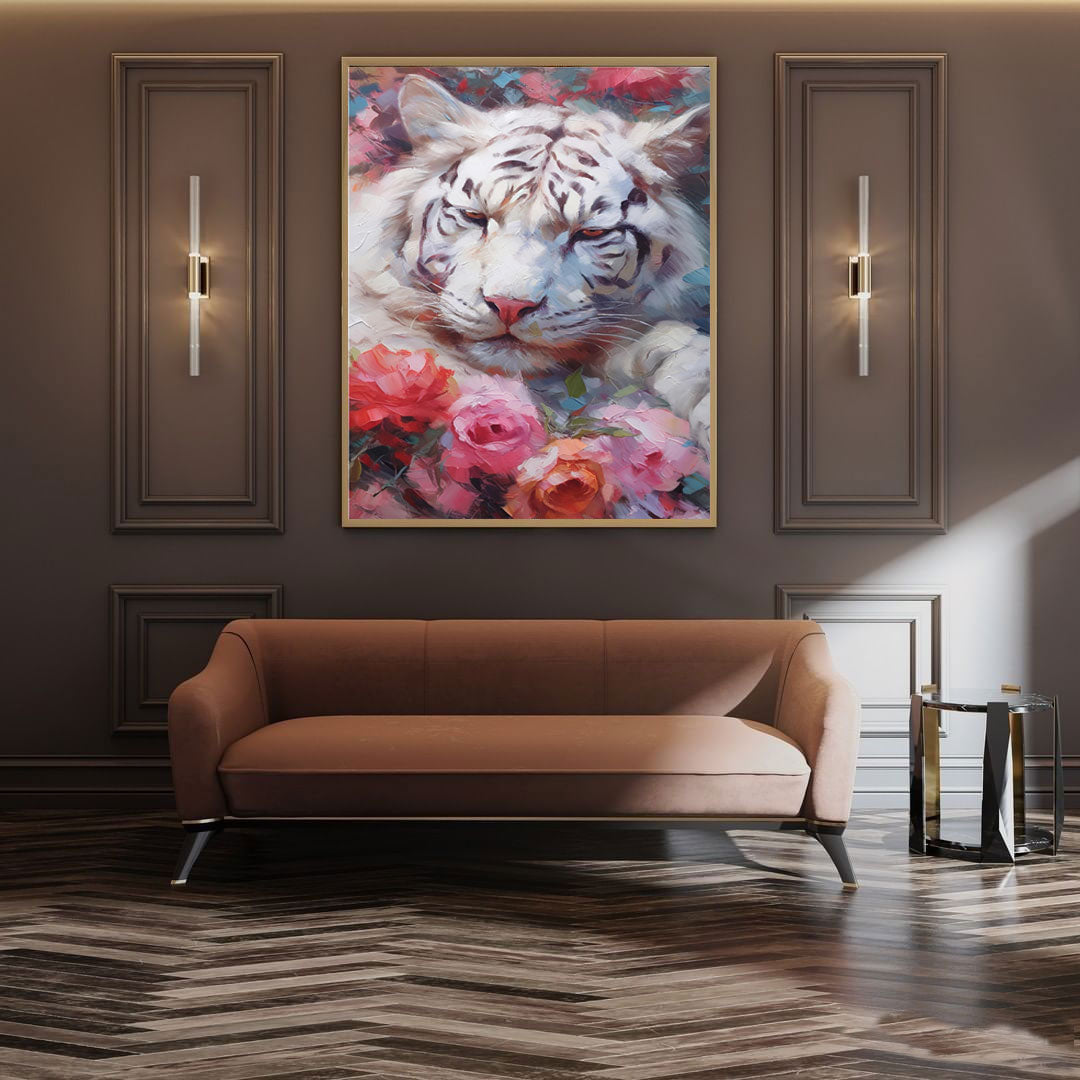 Wallart White Tiger in Blooming Roses