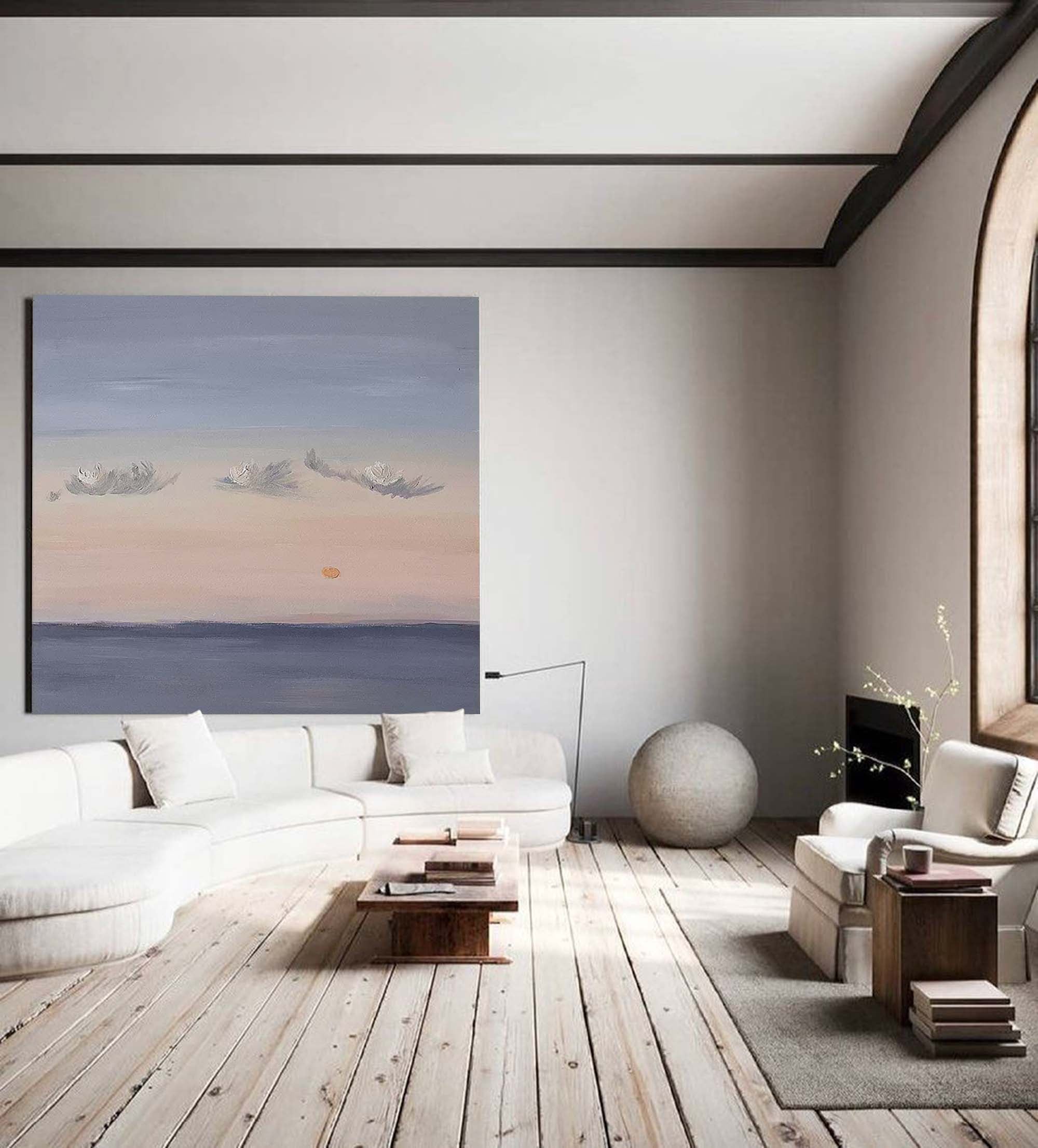 Wallart Calm Horizon Sunset Painting – Dreamy Sky and Sea Wall Art