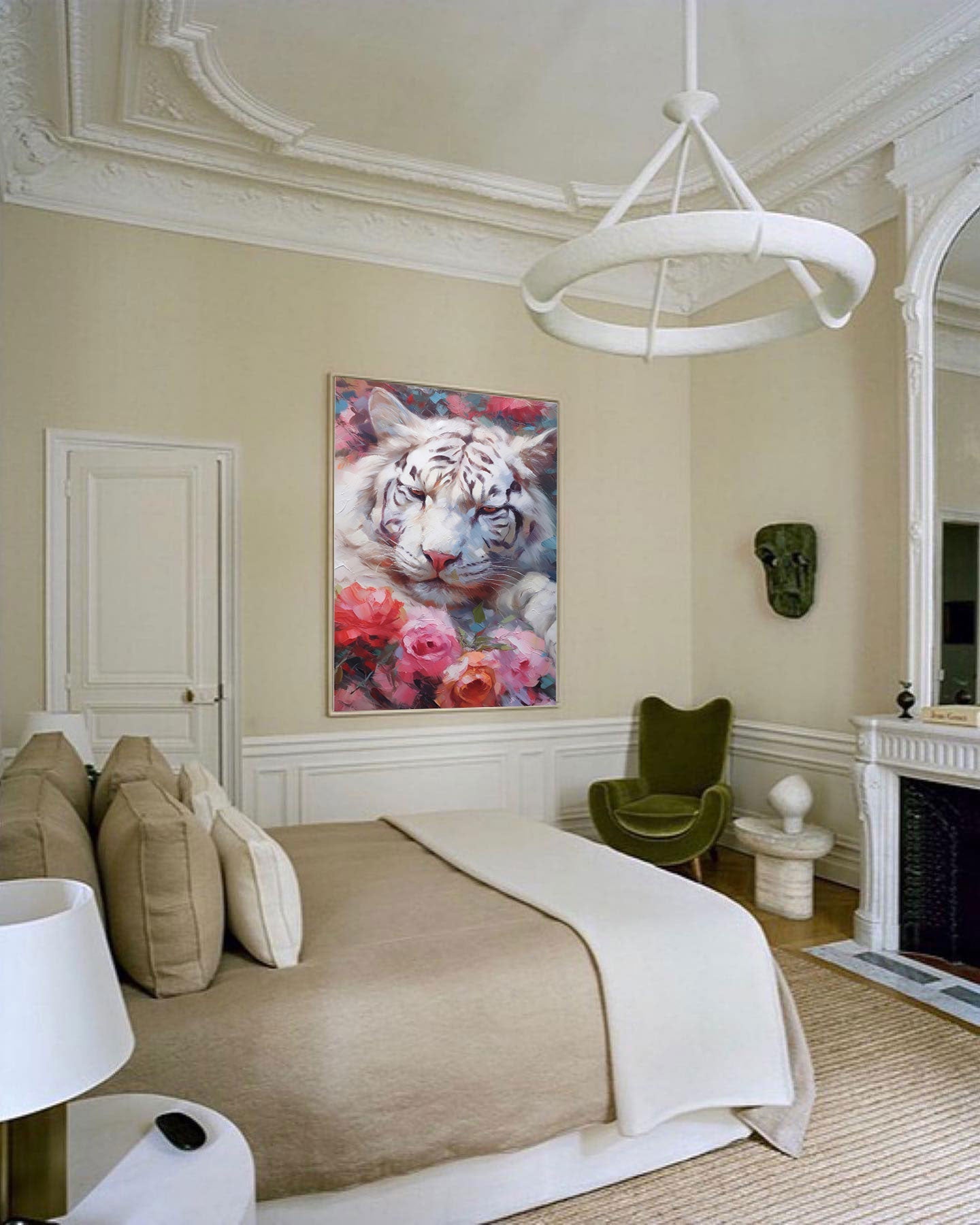 Wallart White Tiger in Blooming Roses
