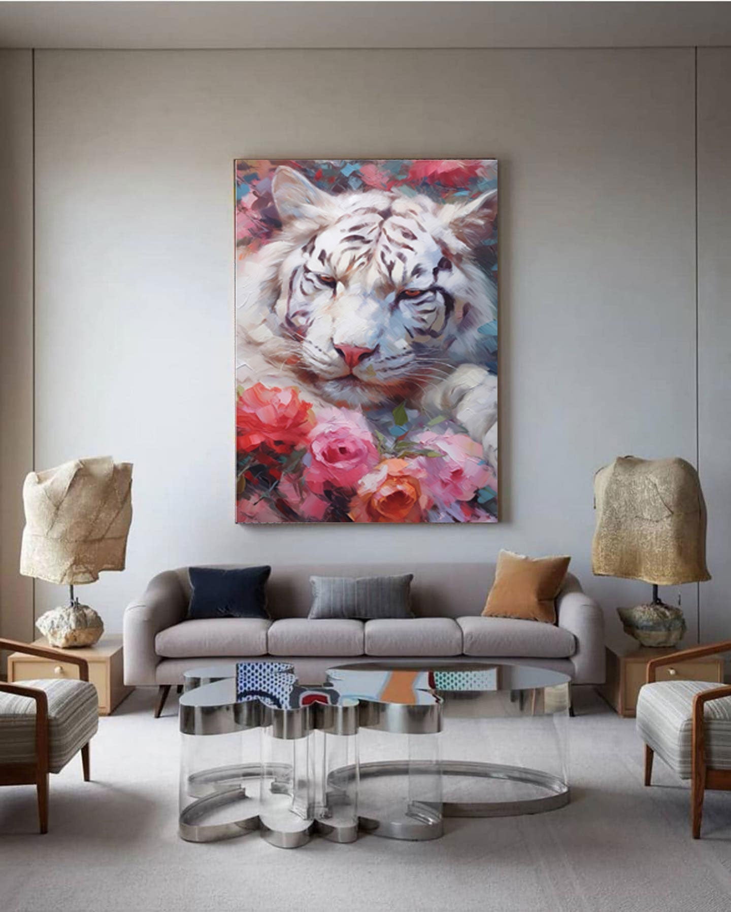 Wallart White Tiger in Blooming Roses