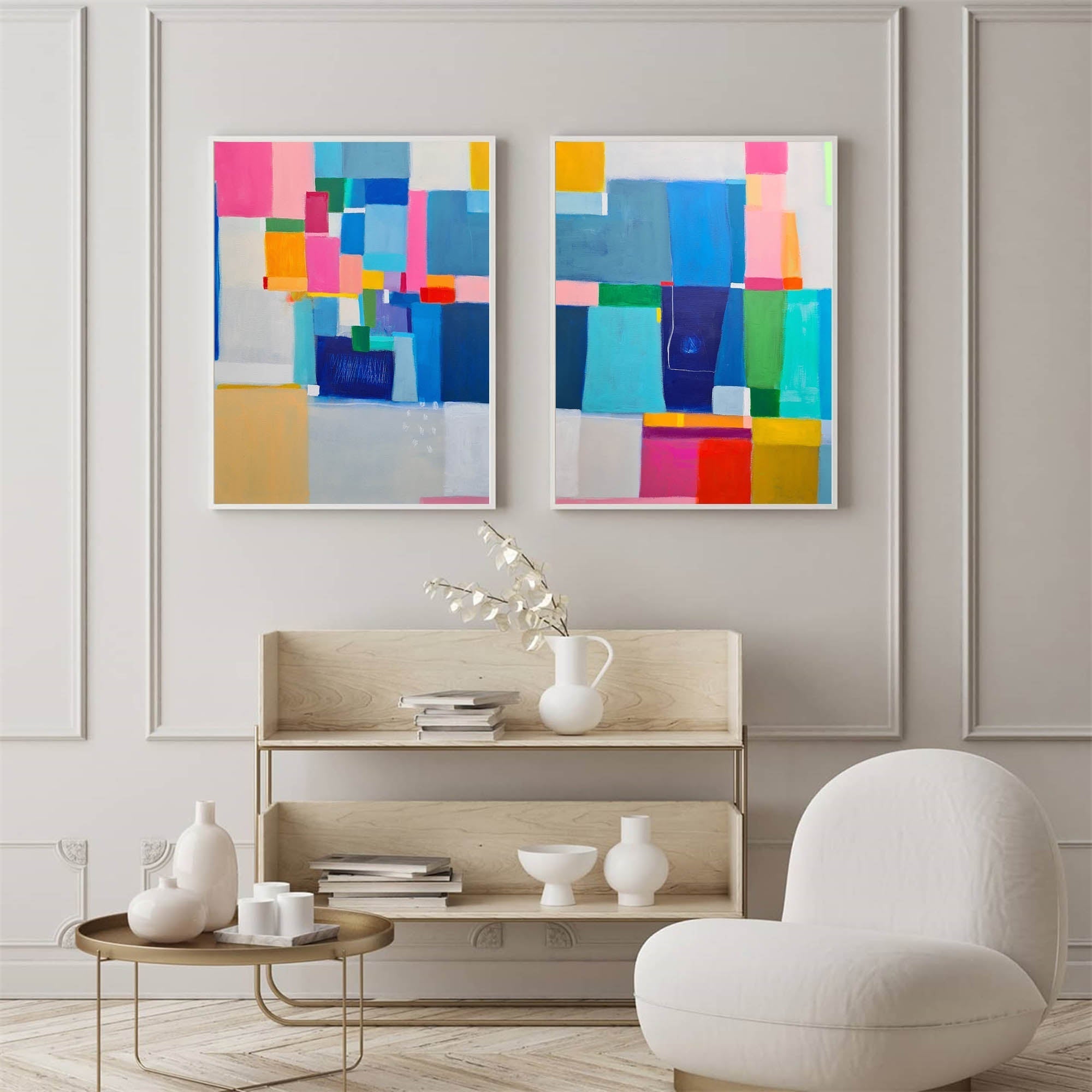 Wallart Modern Geometric Color Block Diptych Canvas Art