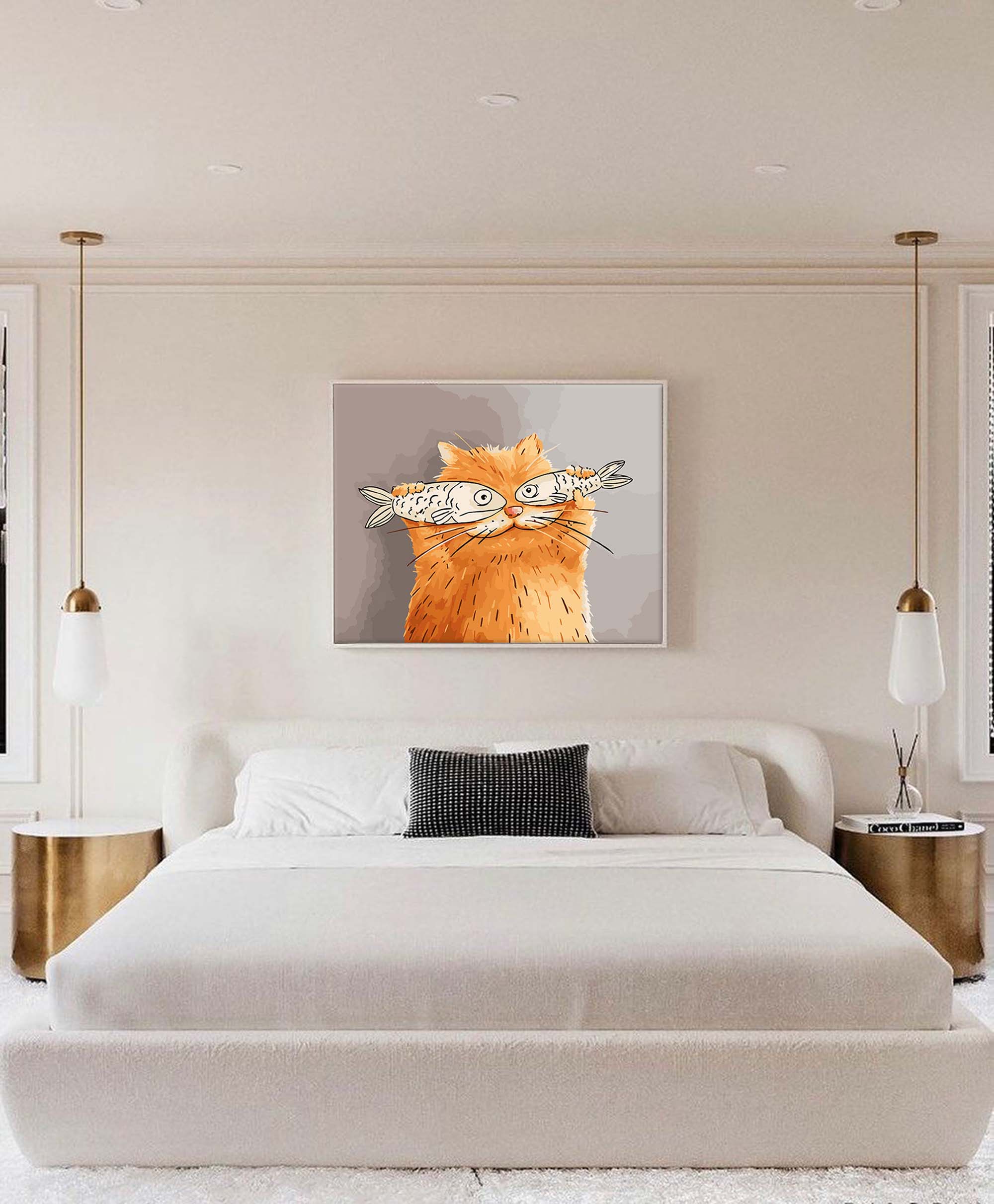 Wallart Whimsical Cat with Fish Art Print