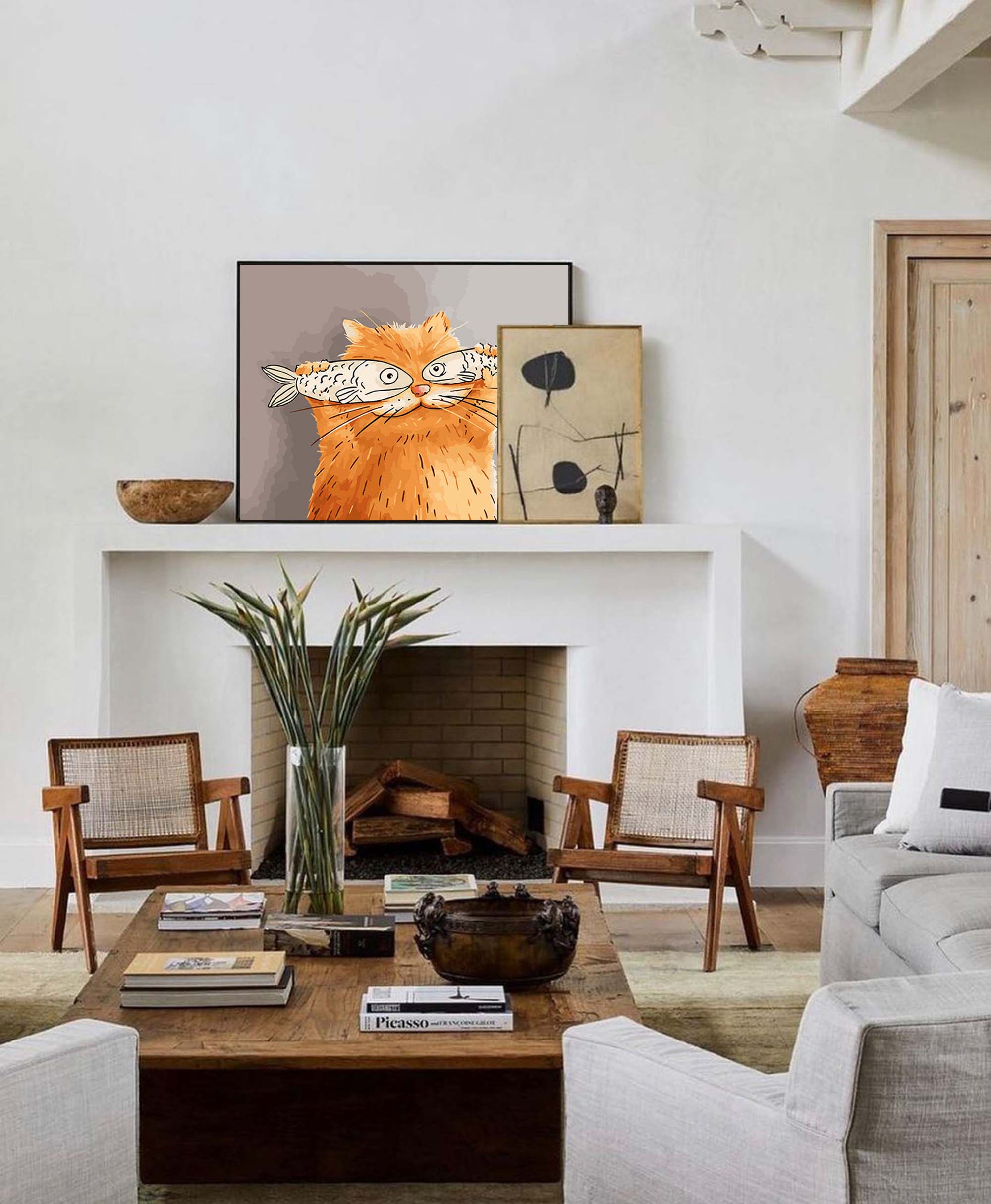 Wallart Whimsical Cat with Fish Art Print