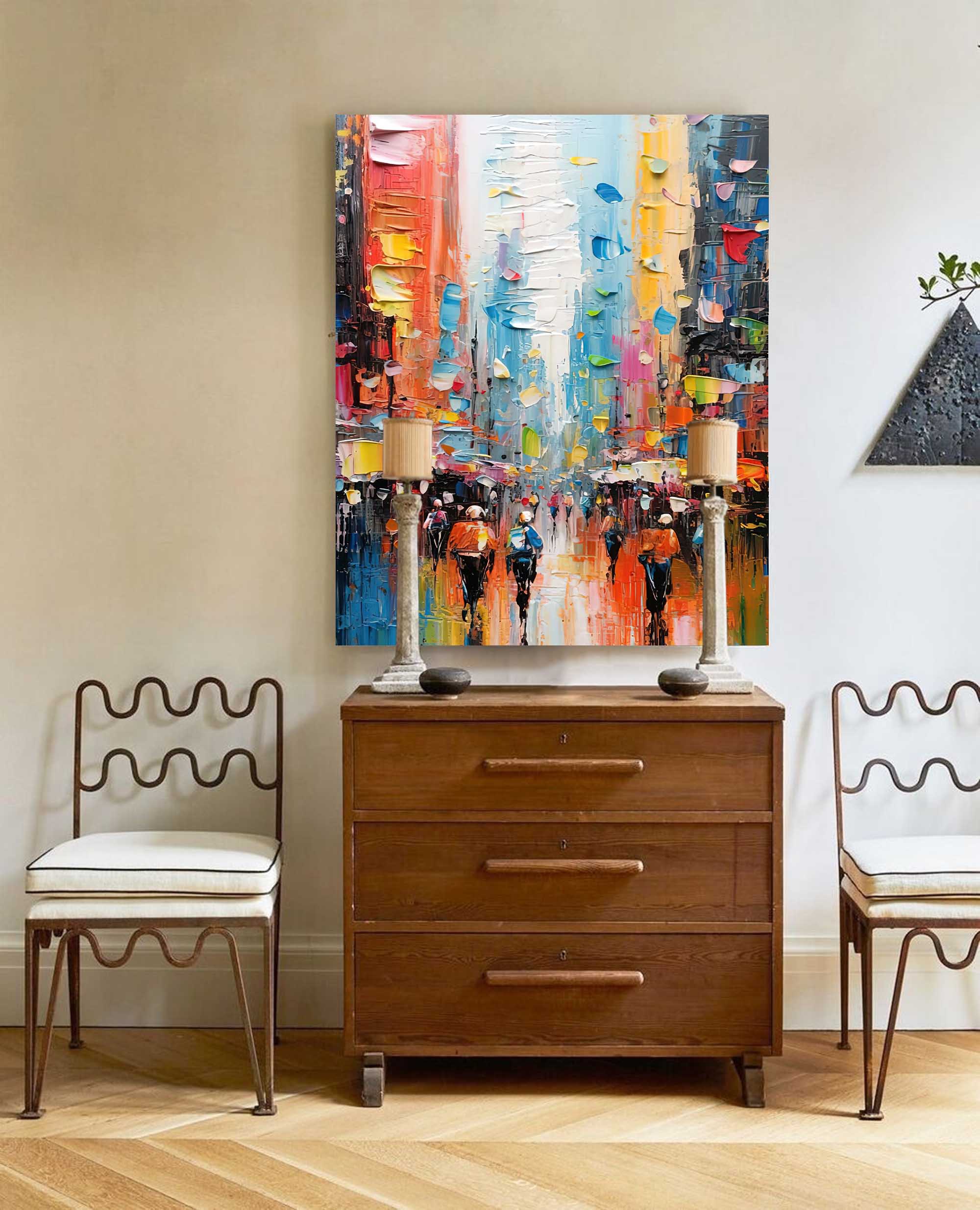 Wallart Abstract Vibrant City Rain Oil Painting
