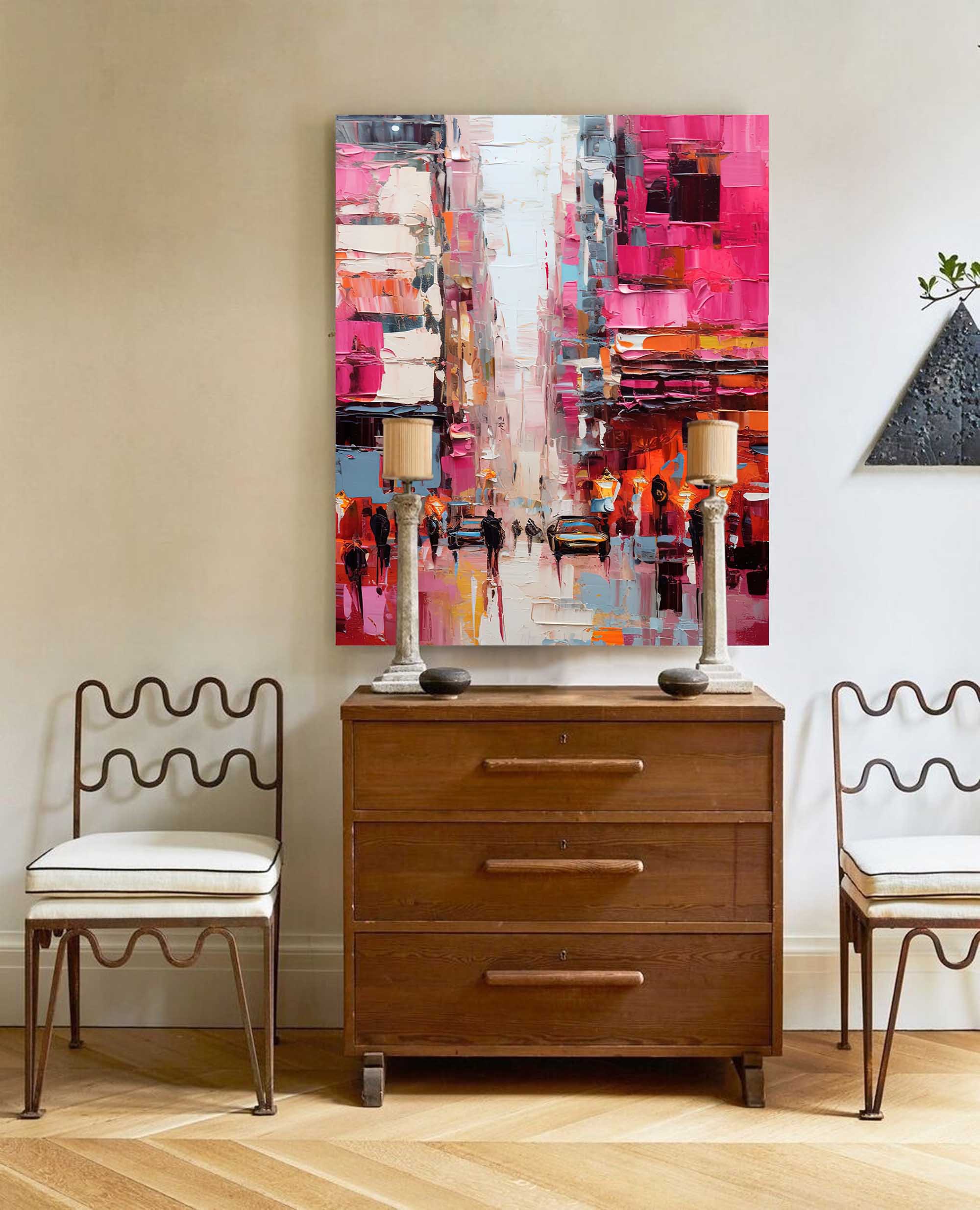 Wallart City Streets in Pink Hues Oil Painting