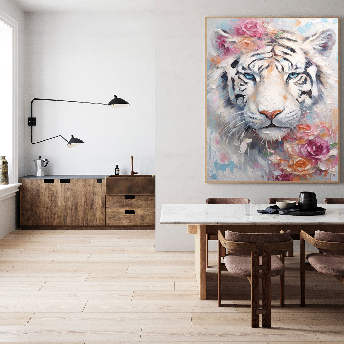 Wallart Majestic Elegance: White Tiger in Bloom