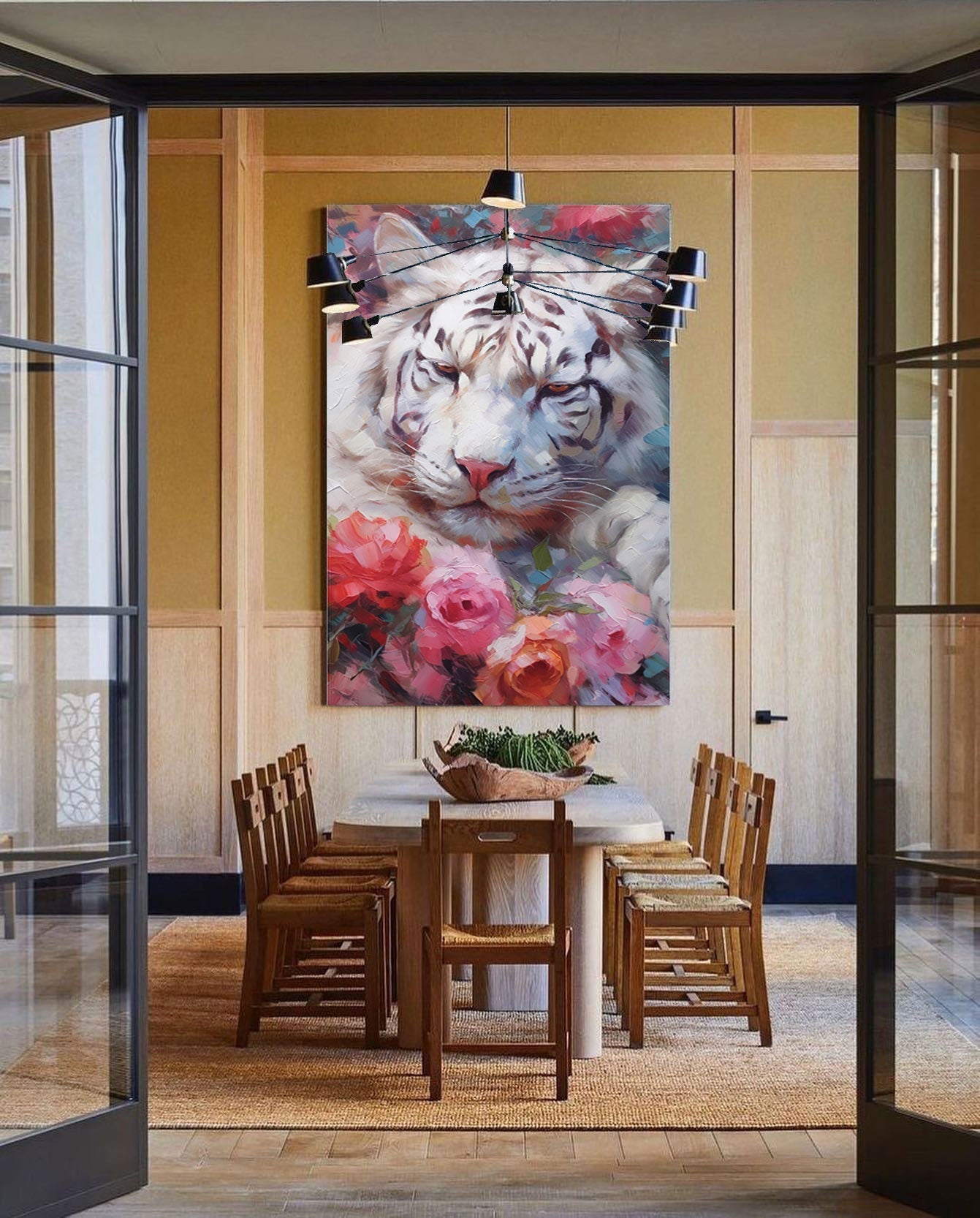 Wallart White Tiger in Blooming Roses